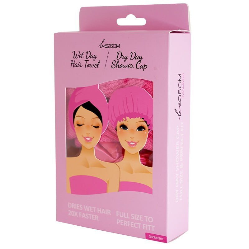 Dušo kepurėlė ir turbanas plaukams beOSOM Shower Cap & Hair Towel, OSOM03H1, rausvos spalvos