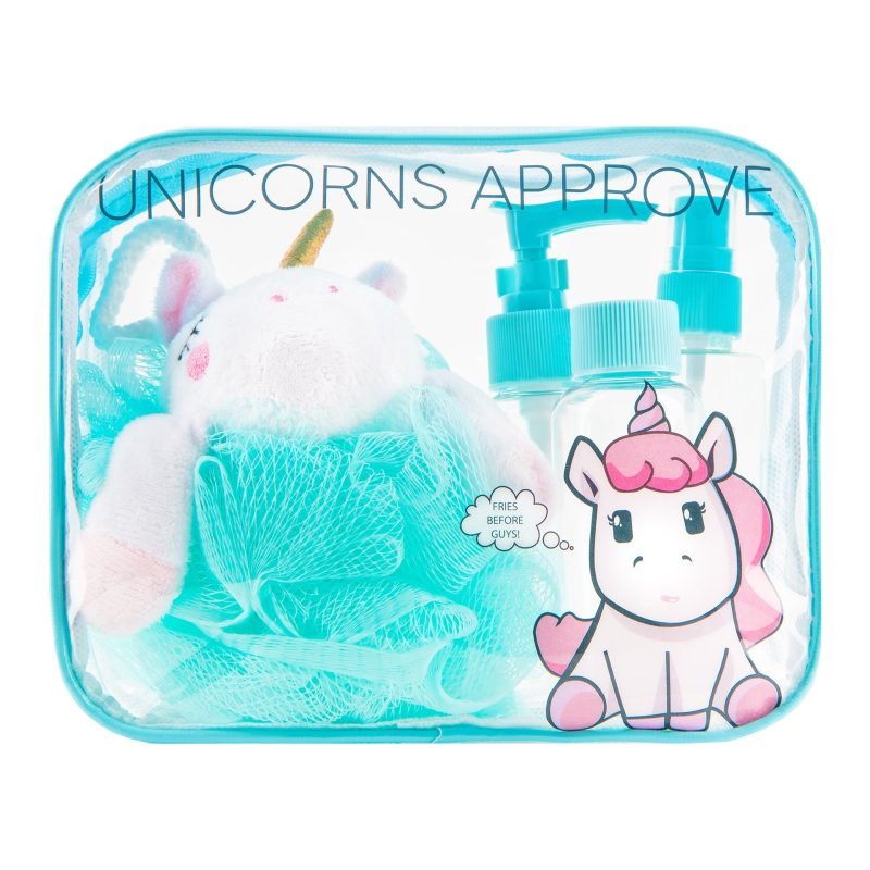 UNICORNS kelioninis rinkinys: 3 buteliukai, kempinė ir kosmetinė