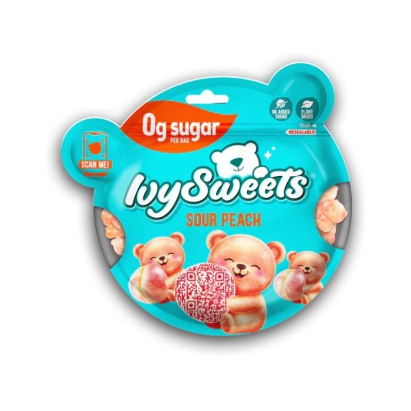 Ivysweets gaiviai rūgštūs persikų skonio guminukai be cukraus, 50g